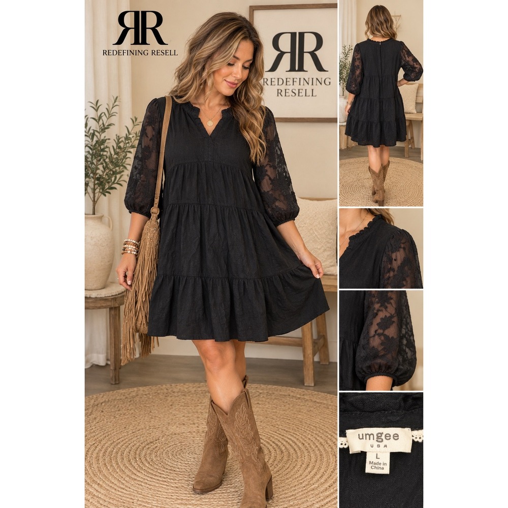 Umgee Black Linen Blend Tiered Babydoll Dress Lace Balloon Sleeve R0491 L